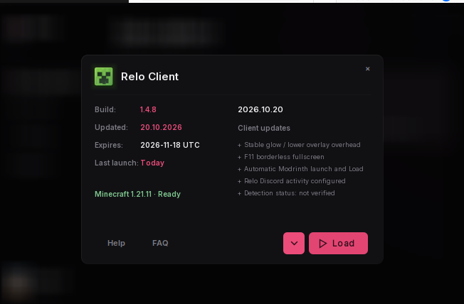Relo injector build details, Minecraft ready status, and Load button